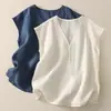 # 224 Chaleco de algodón y lino, estilo casual de verano delgado, camisa elegante de cuello en V, holgado y favorecedor, sin mangas