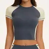 Camiseta de Amazon transfronteriza con bloques de color, mangas raglán, cuello redondo, manga corta deportiva, para correr al aire libre, fitness, yoga para mujer 2567