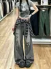 Chao Li tiene en stock jeans desgastados rotos para mujer, nuevo estilo de verano 2026, pantalones de pierna ancha rectos con panel trasero de cuadros
