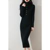 Vestido Base de Punto Elegante Estilo Francés con Cuello Fruncido para Mujer, Nuevo Vestido Suéter Largo para Otoño e Invierno que Supera la Rodilla para Mujer