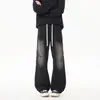 Calça Jeans Plissada Estilo High Street Americana para Homens, Novo Estilo Outono e Inverno, Reta Retro Cintura Elástica Cordão Solta Perna Larga