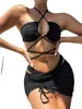 Bikini Sexy Traje de Baño Sexy con Tirantes Halter Chica de Tres Puntos Falda Exportación Europea y Americana Traje de Baño de Tres Piezas para Mujeres