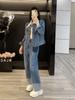 Outono moda rua frita usar um conjunto de popular deste ano curto Denim botão cardigan casaco feminino terno de duas peças