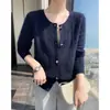 Cárdigan de punto de cachemira para mujer, cuello redondo, estilo Chanel, cuatro botones, corte holgado, elegante, adelgazante, suave y acogedor, top de manga larga