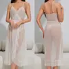 Camisón Sexy de Malla Transparente Transfronterizo Wenhua para Mujer, Vestido de Noche de Verano con Encaje y Escote en V de Tirantes Largos, Ropa de Dormir para Mujer 3579