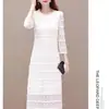 Q233 Vestido de Encaje de Color Sólido, Cuello Redondo, Elegante, Adelgazante, Versátil