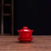 Conjunto de Chá para Casamento com Dragão e Fênix Dupla Felicidade Mais Vendido, Tigela Vermelha Chinesa de Três Peças com Tampa para Cerimônia do Chá, Copos para Casal