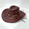 Chapéu de cowboy western retrô americano para mulheres, chapéu de aba larga de couro sintético rachado desgastado para homens, chapéu de proteção solar para acampamento ao ar livre