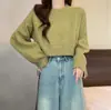 Outono e Inverno Novo Estilo Coreano Cor Sólida Gola Redonda Curto Versátil Tricô Solto Elegante Estiloso Suéter para Mulheres