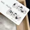 Celebridade da Internet Nova Arte de Unha Preto e Branco Graffiti Gato Estilo Pintado à Mão Unha Postiça com Cauda Longa