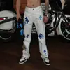 Jeans Rasgado Europeu e Americano Tendência para Homens, Estilo de Rua, Hip-Hop, High Street, Couro com Remendo Cruzado, Calça Longa Branca Retrô