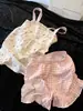 Pijama con Tirantes Estilo Ins Dulce Estampado Floral para Mujer Verano Shorts a Cuadros Ropa de Casa Conjunto de Dos Piezas
