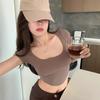 Camiseta de Canalé para Mujer 2026 Verano Nuevo Estilo Irregular de Cintura Alta Sexy Hot Girl Corta Ajustada Adelgazante de Manga Corta