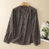 Camisa con estampado floral de tiro real, cuello mao, camisa base artística de manga larga ajustada para primavera y otoño, top fino para mujer