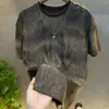 Popular Camiseta de Manga Corta Rota con Cielo Estrellado para Hombre, Verano Degradado Lujo Ligero Gama Alta Cuello Redondo Suéter de Punto Moderno y Elegante