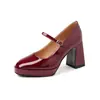Versión de Piel de Oveja 8.5cm Retro Rojo Vino Punta Cuadrada Mary Jane Zapatos Pequeños de Piel para Mujer Tacón Grueso Tacón Alto Zapatos de Vestir con Temperamento