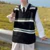 Colete Suéter Tricotado Gola V Color Block Estilo Hong Kong Outono e Inverno para Homens Peça Externa Solta Colete Sem Manga para Casal Tendência