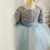 Vestido de un año para bebé niña azul con lentejuelas para cumpleaños de niña actuación de piano anfitriona niños vestido de princesa hilo esponjoso