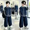 Conjunto de Três Peças para Meninos: Camisa Xadrez de Primavera e Outono, Colete Jeans, Roupa Casual da Moda, Estilo Coreano para Crianças