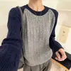 Suéter casual de punto trenzado con bloques de color y cuello redondo de estilo coreano con mangas raglán para mujer, adecuado para otoño e invierno, versátil para ir al trabajo y para uso casual