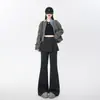 Calça flare feminina forrada com fleece, espessa, de caxemira, novo estilo outono/inverno 2026, cintura alta, modeladora, design falso de duas peças, que cobre o quadril, calça flare
