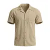 Camisa Masculina de Linho Manga Curta com Gola Cubana para o Verão 2026, Cor Sólida, Corte Solto, Camisa para Férias na Praia, Comércio Exterior Transfronteiriço de Verão