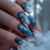 Unhas Vestíveis Estilo Longo Ins de Natal Azul e Branco Floco de Neve Patches de Nail Art com Glitter Degradê Patches de Unha Postiça Venda por Atacado