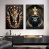 Escultura Metálica Rey Gorila Pintura en Lienzo León Dorado Tigre Ciervo Póster Escultura de Animales Arte Decorativo Pared