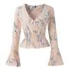 Blusa de chiffon estampada com mangas compridas, gola V e babados, de manga sino, design próprio, estilo europeu e americano, nova para a primavera e o outono de 2022, para mulheres