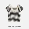 Tienda Insignia Dan Nong de Shanghái/Suéter de Punto Rayado de Manga Corta con Cuello en U Grande para Mujer, Top de Verano Ajustado