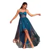 Vestido de Malla Transfronterizo con Parte Delantera Corta y Trasera Larga, Elegante Vestido para Fiesta de Boda de Banquete, Ceñidor de Cintura, Corte Holgado, Estilo Hombros Descubiertos
