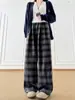 Pantalones de Lana a Cuadros Grises para Mujer en Primavera y Otoño Estilo Nuevo Holgados de Cintura Alta Ajustados Rectos Casual Estilo Perezoso Pantalones de Pierna Ancha