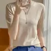 Suéter de Punto para Mujer Cuello Redondo Color Sólido Lana Fina Manga Corta Holgado Casual 2026 Primavera/Verano Tejido Fino Media Manga