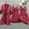 Conjunto de Pijama Sexy Feminino Quatro Peças Estilo Coreano Camisola Pijama Roupa de Casa Feminina com Bojo Camisola Noturna 2103