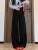Jeans preto retro de perna larga para mulheres, novo estilo primavera e outono de 2026, casual de corte solto, calça reta slim estilo americano