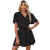 2022 Primavera Europeu e Americano Vestido de Cor Sólida Estação Independente Feminina Verão Novo Vestido com Decote em V com Babados Manga Curta na Altura do Joelho