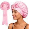 Bestseller transfronteiriço: Touca redonda de cetim com fita elástica de cor sólida, touca de dormir de seda artificial, touca de banho com laço, lenço de cabeça com aba larga