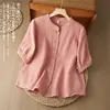 Camisa de Manga Corta de Hilo de Algodón Doble Capa para Mujer Verano 2026 Manga de Linterna Nueva Holgada 100% Algodón Suave Manga de Cinco Puntos