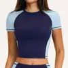Amazon Color Contrastio Manga Raglán Cuello Redondo Deportivo Manga Corta Exterior Correr Fitness Yoga Ropa para Mujer 2567