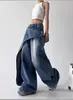 Verão 2025 Novo Modelador Jeans Retrô Peça Cortada de Designer Jeans Degradê Lavado Calças Casuais Femininas