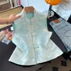 Garantia de Qualidade Seda Pura Redutor de Idade Novo Estilo Chinês para Mulheres de Meia-Idade Lantejoulas Bordados com Miçangas Colete com Botão de Rã Melhorado Top Sem Mangas