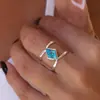 Anel Cao Shi Estilo Boêmio Simples Turquesa Sintética para Mulheres Acessórios de Metal Quadrilátero Romboidal Venda Quente Xiaohongshu