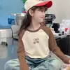 Camiseta Manga Longa Color Block Gola Redonda para Meninas Infantil De Rong Estilosa Base Aconchegante para Outono/Inverno Top Versátil