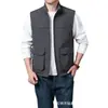Colete Masculino de Algodão com Gola Alta e Múltiplos Bolsos para Primavera e Outono, Casual ao Ar Livre, Quente, Roupa de Trabalho com Forro de Fleece