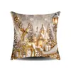 Fronha de Natal dourada transfronteiriça com estampa digital, apresentando designs de renas de Natal e boneco de neve, para sofás da sala de estar e ocasiões festivas
