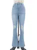 Calça jeans flare rasgada de cintura alta para mulheres, corte solto, calça azul clara com lavagem vintage, moderna