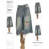 Ropa para mujer de talla grande: Shorts de mezclilla de pierna ancha estilo americano para mujer, adelgazantes y favorecedores, con bordes deshilachados y agujeros, adecuados para mujeres petite, pantalones cortos