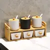 Conjunto Criativo de Potes de Cerâmica para Temperos para Cozinha Doméstica, Conjunto de Seis Peças Estilo Japonês com Frascos de Temperos e Pote de Sal