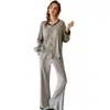 Pijama sexy Kameixue con textura de canalé fino, cómodo para estar en casa, conjunto de dos piezas con ribete de encaje, pantalón largo 2295