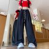Calça de Seda Gelada Fina Texturizada Color-Blocking para Mulheres, Novo Estilo Verão 2025, Caimento Solto, Emagrecedor, Patchwork, Fluido, Calça de Cintura Alta com Barra Larga